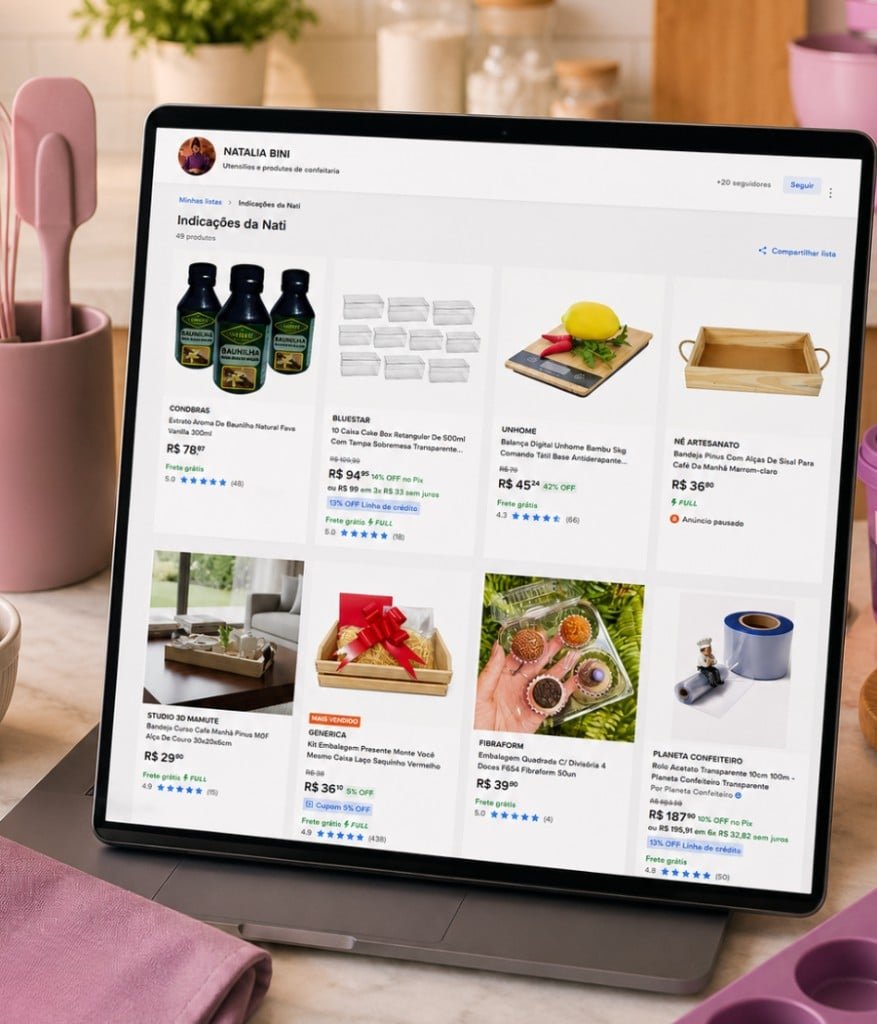 Notebook na cozinha com as indicações de utensílios da Natalia no Mercado Livre
